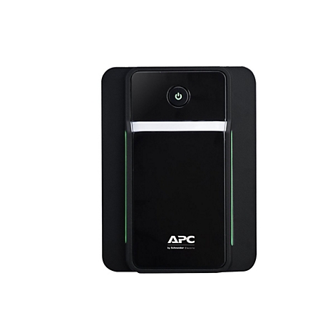 Schwarze USV von APC mit grÃ¼nem Ein/Aus-Knopf und weiÃŸem Lichtstreifen.