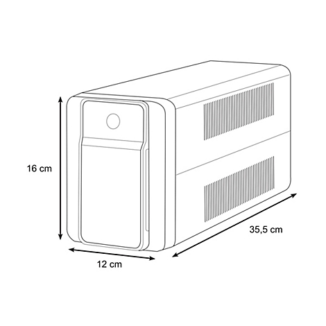 SchwarzweiÃŸ-Zeichnung eines UPS-GerÃ¤ts mit MaÃŸen: 16 cm hoch, 35,5 cm lang und 12 cm breit.