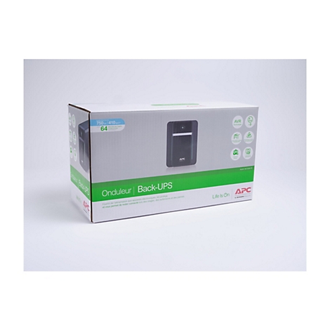 Karton einer USV-Anlage mit Produktabbildung. Aufschrift: Onduleur | Back-UPS. Logo von APC.