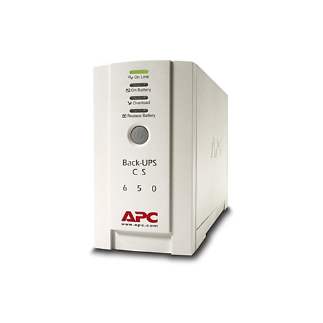 Ein weißes APC Back-UPS CS 650 Gerät, das auf weißem Hintergrund steht. Anzeigen für Online-, Batterie-, Überlast- und Batteriewechsel.