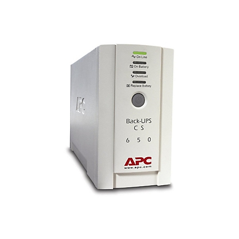 Grauer USV-Block mit Aufschrift Back-UPS, CS 650, APC-Logo und Kontrollleuchten.