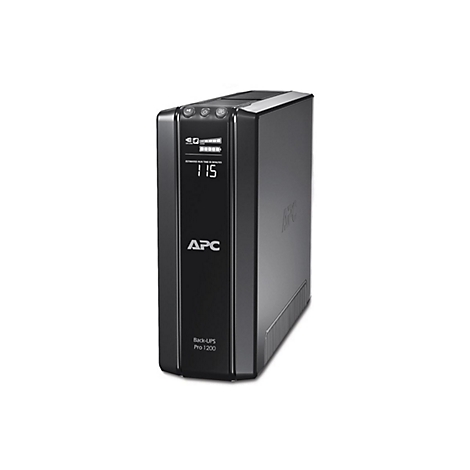 Schwarze USV-Anlage, APC Back-UPS Pro 1200. Digitalanzeige mit 115 Minuten Restlaufzeit. Aufschrift APC.
