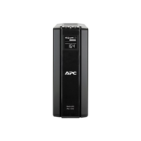 Schwarze USV-Anlage mit digitaler Anzeige, oben LEDs, Schriftzug APC. Unten: Back-UPS Pro 1500.