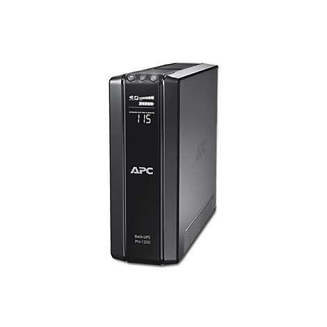Ein schwarzes APC Back-UPS Pro 1200 USV-Gerät mit Anzeige von 115 Minuten verbleibender Laufzeit auf weißem Hintergrund.