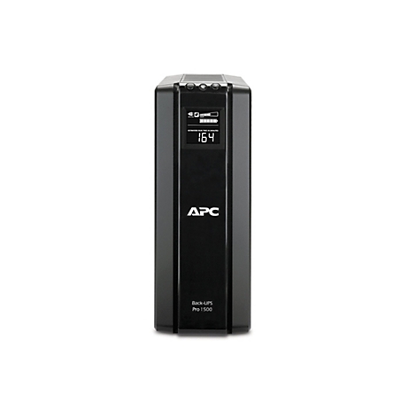 Schwarze USV-Anlage mit Anzeige von Laufzeit in Minuten. Der Schriftzug "APC" und "Back-UPS Pro 1500" sind zu sehen.