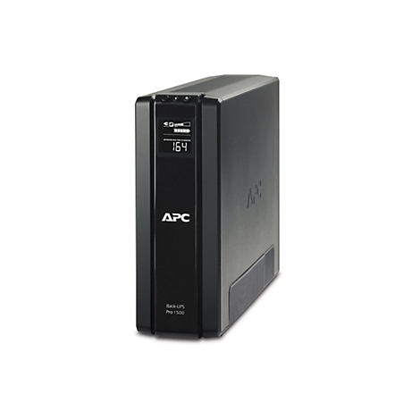 Ein schwarzes APC Back-UPS Pro 1500 Gerät vor weißem Hintergrund. Auf dem Display sind die geschätzte Laufzeit von 164 Minuten und der Ladezustand zu sehen.
