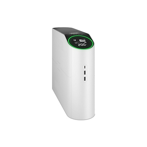 Ein weißes, schlankes Gerät, wahrscheinlich ein Server, mit einem runden grünen Display, das Informationen anzeigt. Zwei USB-Ports sind zu sehen.