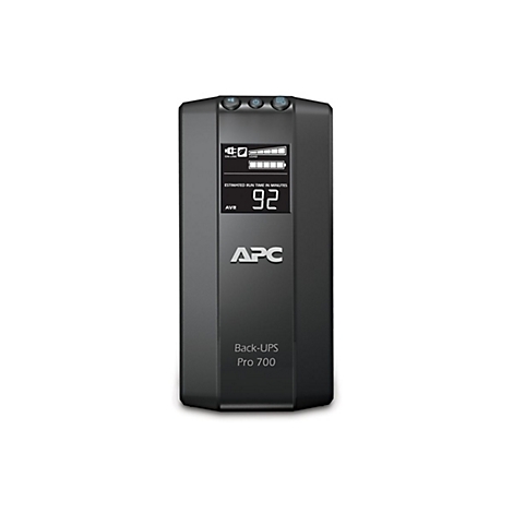 Ein schwarzes APC Back-UPS Pro 700 mit Display, das Restlaufzeit in Minuten anzeigt.
