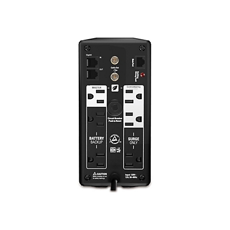 Appareil onduleur noir vu de dos. Il montre des ports, des prises et des étiquettes comme 'Battery Backup' et 'Surge Only'.