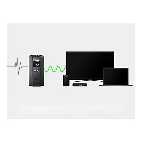 Onduleur APC Back-UPS Pro 700 connecté à des appareils tels qu'une télévision, un ordinateur portable et un haut-parleur.