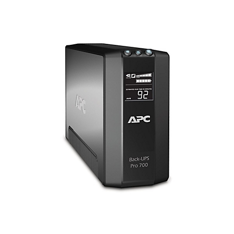 Schwarze USV APC Back-UPS Pro 700 mit Anzeige für Laufzeit (92 Minuten).