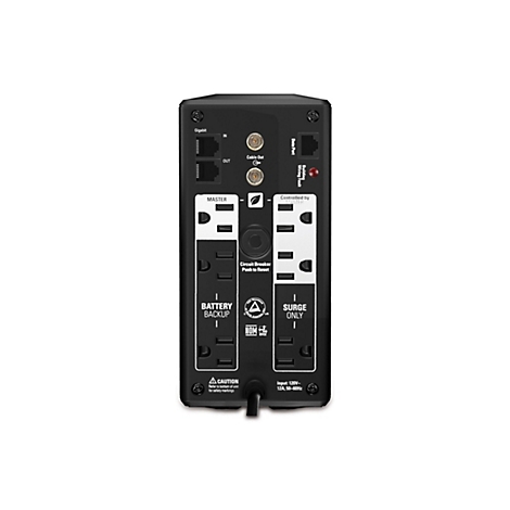 Rückansicht einer USV-Stromversorgung mit Steckdosen, Anschlüssen und Texten wie "Batterie-Backup" und "Überspannungsschutz".