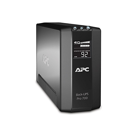 Onduleur noir avec un écran numérique affichant 92 minutes d'autonomie restante. Le logo APC et le nom du modèle Back-UPS Pro 700 sont visibles.