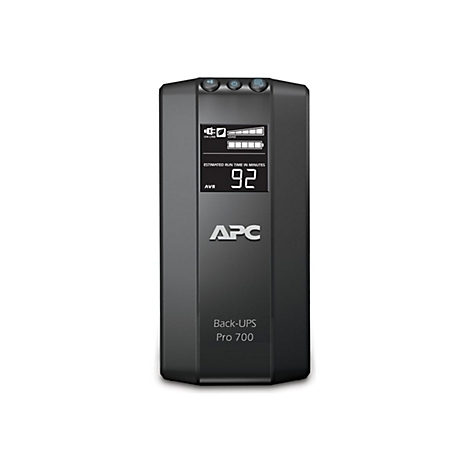 Onduleur noir APC. L'écran affiche l'autonomie restante : 92 minutes. Texte : Back-UPS Pro 700.