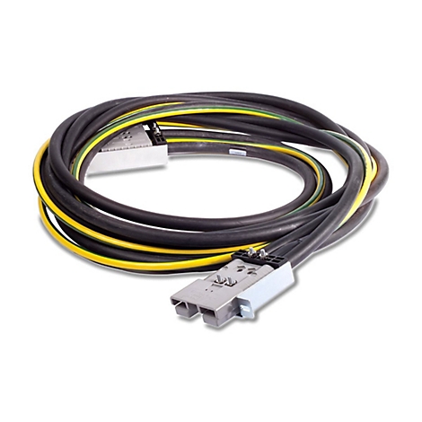 Ein Kabel mit mehreren schwarzen Kabeln, gelben und grünen Streifen und einem grauen Stecker. Auf weißem Hintergrund.