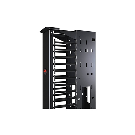 Schwarzer Server-Rack, Details: Längliche Streben, APC-Logo. Der Rack-Rahmen wird vor weißem Hintergrund gezeigt.