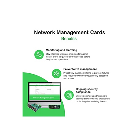 Infographie des cartes de gestion de réseau avec avantages : surveillance et alerte, gestion préventive et conformité de sécurité continue.