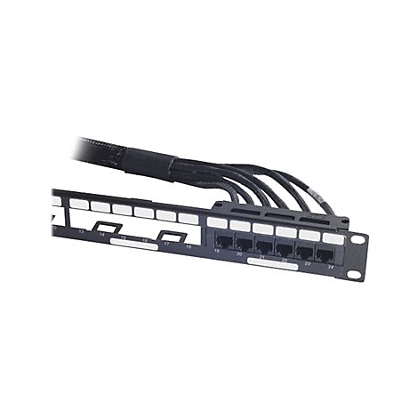 Schwarzes Patchpanel mit Ethernet-Anschlüssen und nummerierten Ports, an denen schwarze Kabel angeschlossen sind.