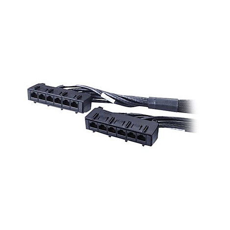 Zwei schwarze Stecker mit mehreren RJ45-Anschlüssen. An den Steckern sind schwarze Kabel befestigt.