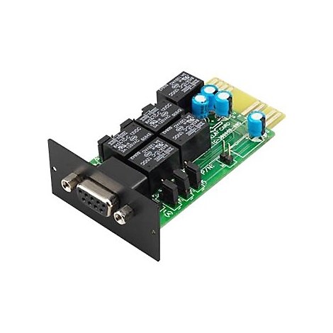 Grüne Platine mit schwarzen Relais, blauen Kondensatoren und einem seriellen Anschluss.