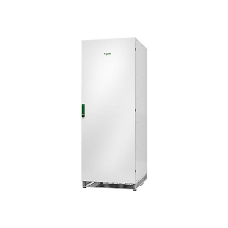 Ein weißer Serverschrank mit grünen Akzenten steht vor weißem Hintergrund. Das Logo von Schneider Electric ist oben rechts.