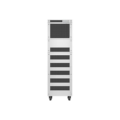 Großer, weißer Server-Rack. Auf Rädern, mit Lüftungsgittern.