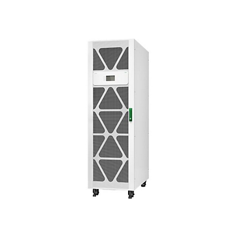 Weißer Serverschrank mit schwarzem Gittermuster und grünem Griff. Auf Rollen vor hellem Hintergrund.