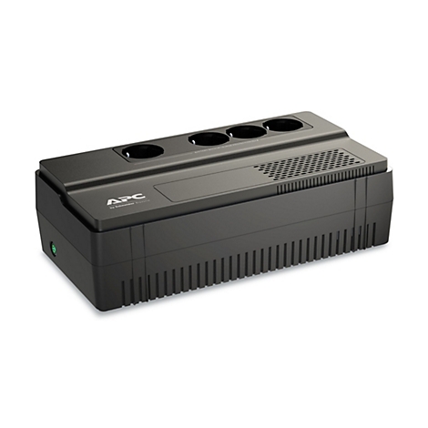 Ein schwarzes APC-USV-Gerät mit Steckdosen. Aufschrift: Battery Backup + Surge Protection.