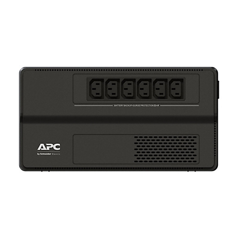Schwarze USV von APC mit sechs Steckdosen, Produktlogo und Text: Battery Backup + Surge Protection.