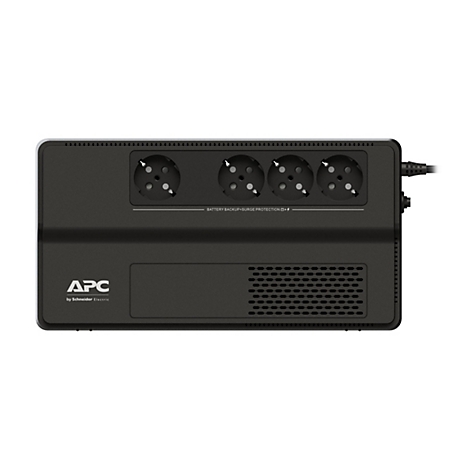 Schwarze USV mit vier Steckdosen, Text: "BATTERY BACKUP + SURGE PROTECTION". Logo von APC by Schneider Electric.