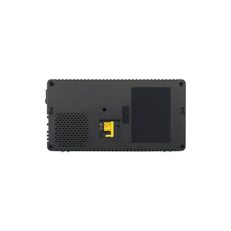 Appareil électronique noir avec des éléments jaunes sur fond blanc. Trous ronds en haut, une grille d'aération à gauche et des connecteurs jaunes.