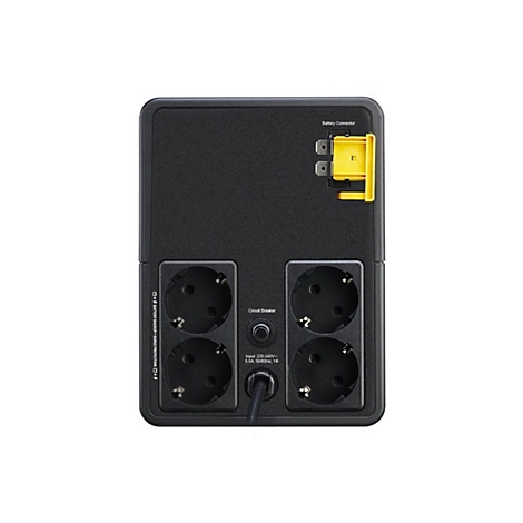 Schwarze USV mit Steckdosen, gelbem Batterieanschluss, Circuit Breaker-Beschriftung und technischen Angaben.
