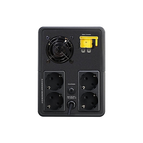 Schwarze USV-Rückseite mit Steckdosen, Lüfter, Circuit Breaker und Batterieverbindung.