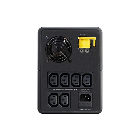 Vue arrière d'un onduleur noir avec prises, un ventilateur et un connecteur de batterie jaune.