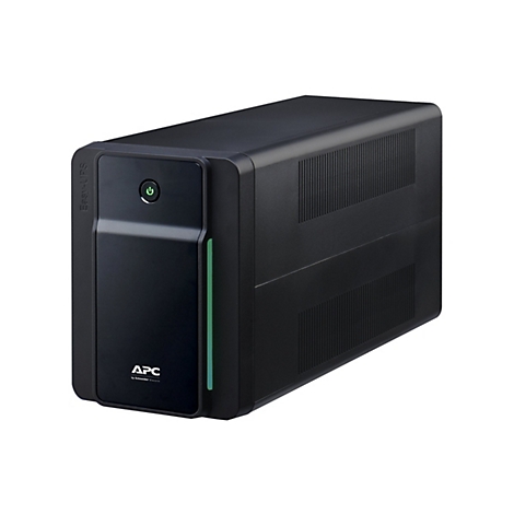 Ein schwarzes USV-Gerät mit grünem Ein-/Ausschalter und APC-Logo. Aufschrift "Easy-UPS".