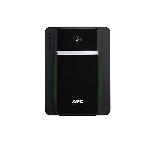 Schwarze USV-Anlage, APC Easy-UPS, mit grünem Power-Button und seitlicher grüner Beleuchtung. Logo APC by Schneider Electric.