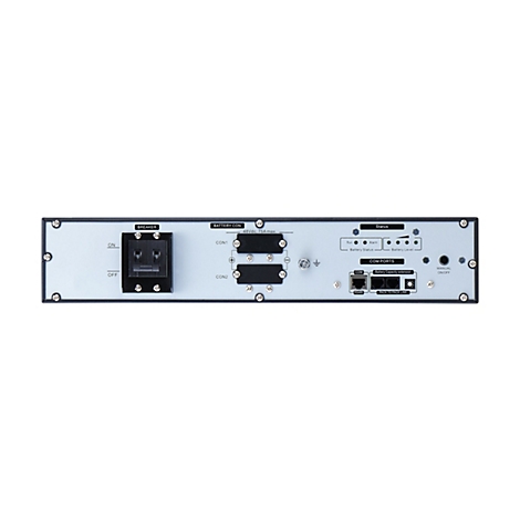Ein schwarzes Gerätepanel mit Anschlüssen, Schaltern und Anzeigen, beschriftet mit "BREAKER", "BATTERY CON" und "COM PORTS".