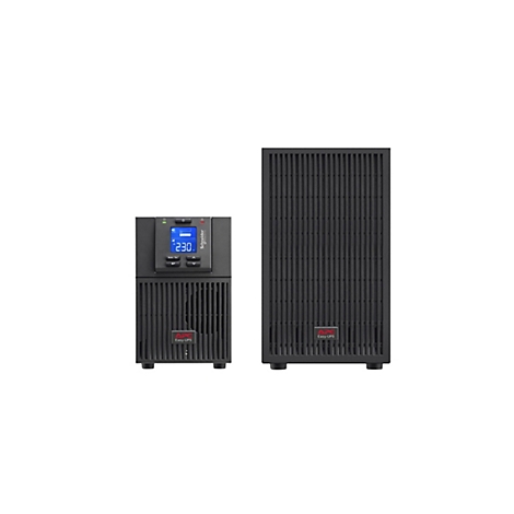 Deux onduleurs noirs sur fond blanc. L'appareil de gauche a un écran affichant 230 volts. Le logo APC Easy-UPS est visible sur les deux appareils.