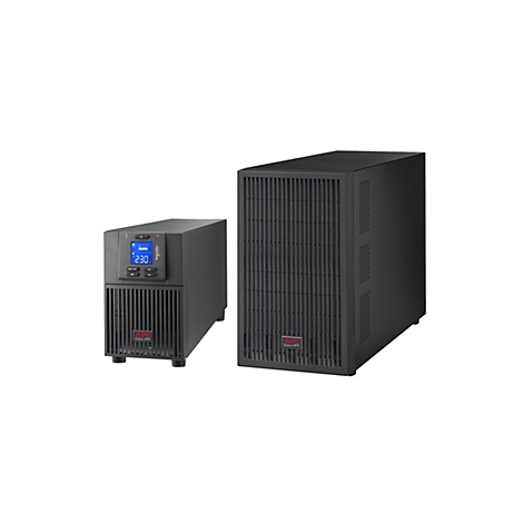 Deux onduleurs APC Easy-UPS noirs. L'appareil de gauche affiche 230 volts sur un écran. L'appareil de droite est plus grand.