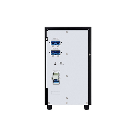 Vue arrière d'un appareil noir. Des connecteurs et des étiquettes sont visibles sur une surface gris clair, notamment "VDC Input", "VDC Output" et "Battery Breaker".