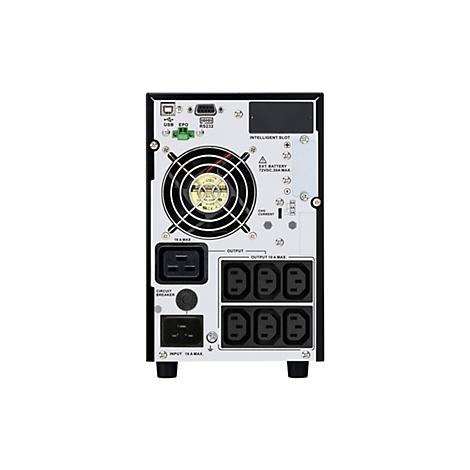 Vue arrière d'un onduleur noir avec ports, ventilateur et diverses étiquettes. Il y a des ports pour USB, RS232 et un ventilateur en haut.