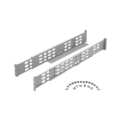 Zwei silberne Rack-Schienen mit Aussparungen und Befestigungsmaterial.