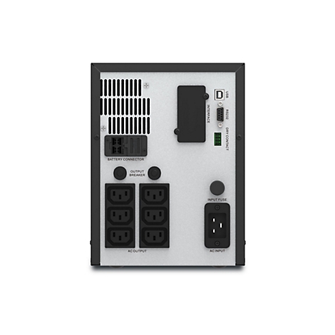 Rückansicht eines USV-Geräts (Unterbrechungsfreie Stromversorgung). Auf der Rückseite sind Anschlüsse und Anzeigen angeordnet: Batterieanschluss, Output Breaker, AC Output, Interface, USB, RS232, Dry Contact, Input Fuse und AC Input.