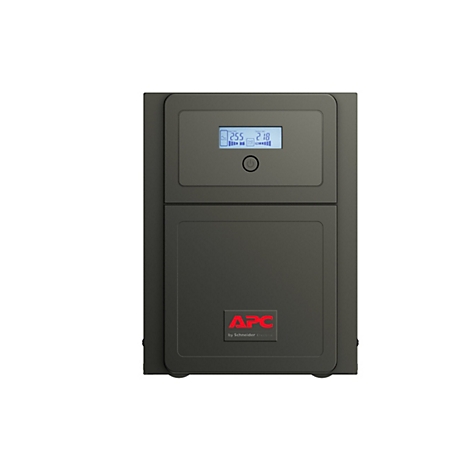 Ein schwarzes APC-USV-Gerät mit Anzeige, die 255 VAC Input und 218 VAC Output anzeigt.