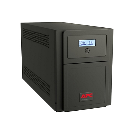 Ein schwarzes USV-Gerät mit Digitalanzeige, APC-Logo. Das Gerät ist rechteckig mit einem Display und einer Power-Taste.