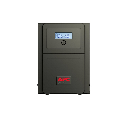 Schwarze USV-Anlage mit Display, APC-Logo. Auf dem Display: 25.5, 21.8 und ein Ein-/Ausschalter.