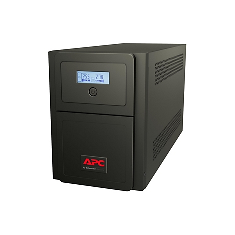 Ein schwarzes APC USV-Gerät. Auf dem Display sind Eingangs- und Ausgangsspannungen sowie der Akkustand zu sehen. Darunter das APC-Logo.
