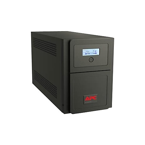 Schwarze USV mit Display. APC-Logo unten. Knöpfe, Lüftungsschlitze sichtbar.
