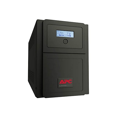 Schwarze unterbrechungsfreie Stromversorgung mit Display und APC-Logo. Stromversorgung, APC-Logo und technische Daten.