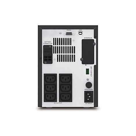 Rückansicht einer unterbrechungsfreien Stromversorgung (USV) mit Anschlüssen: Batterie, USB, RS232, AC-Ausgang und -Eingang.